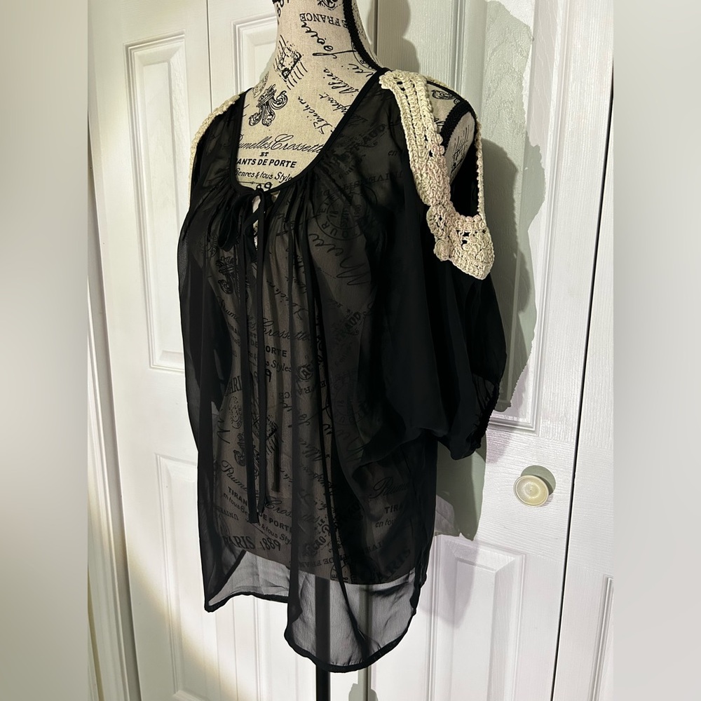 American Dream Black Sheer Blouse with Cream Lace